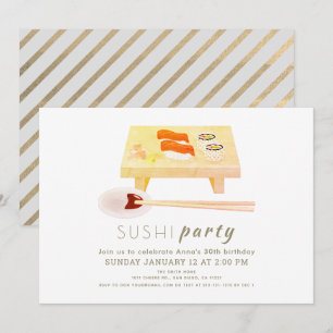Invitación Sushi Fiesta Cumpleaños Blanco Moderno