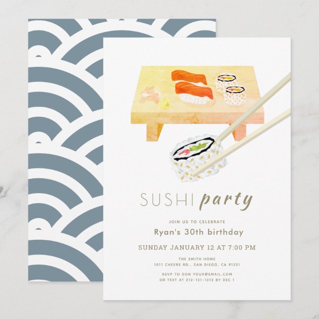 Invitación Sushi Fiesta Cumpleaños Moderno Blanco y Azul (Anverso / Reverso)