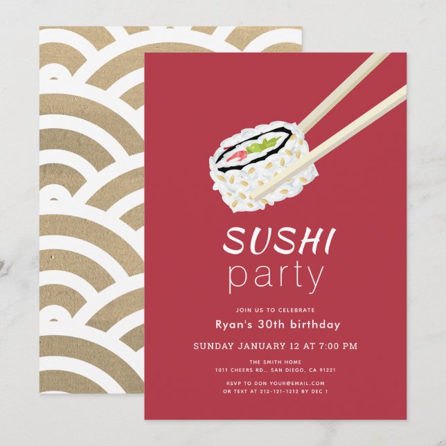 Invitación Sushi Fiesta Simple Burgundy & Gold Cumpleaños (Anverso / Reverso)