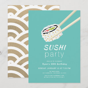 Invitación Sushi Fiesta Simple Turquesa & Oro Cumpleaños