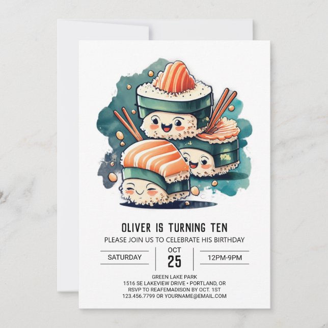 Invitación Sushi moderno espera cumpleaños (Anverso)
