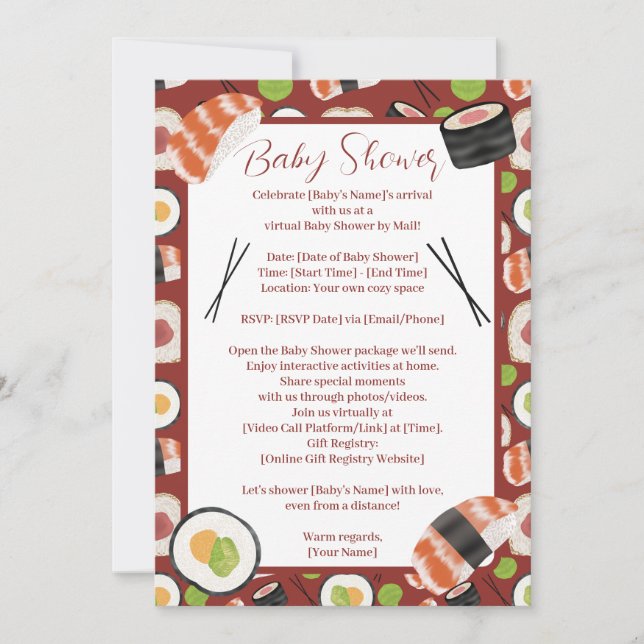 Invitación Sushi Neutral Baby Shower por distancia (Anverso)
