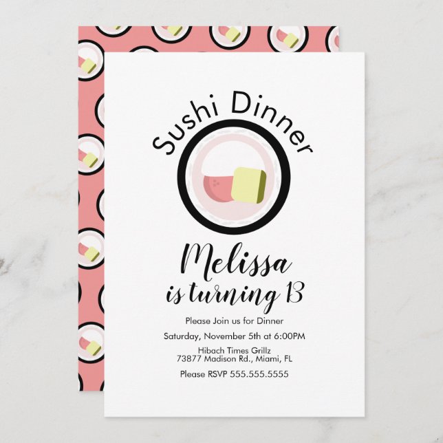 Invitación Sushi Roll Salmon Teen Birthday Restaurant (Anverso / Reverso)