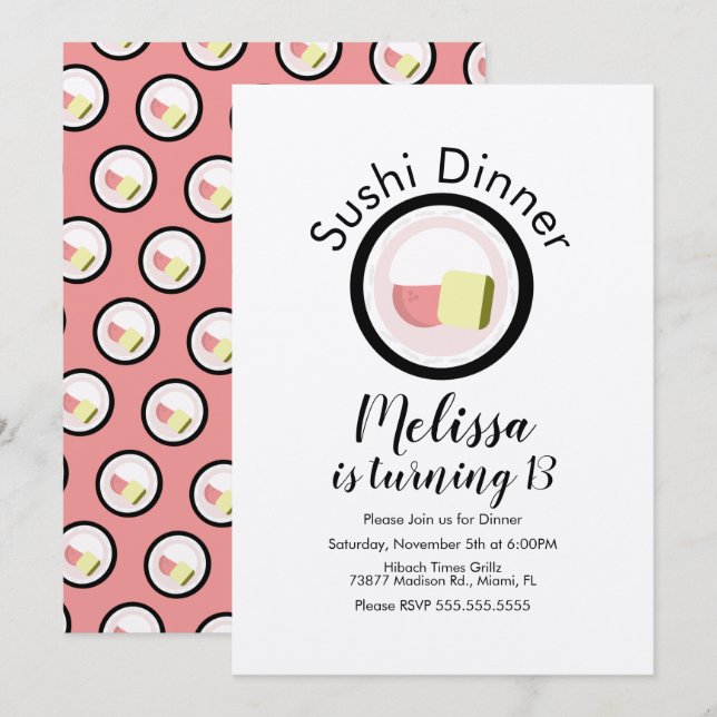 Invitación Sushi Roll Salmon Teen Birthday Restaurant Kraft (Anverso / Reverso)