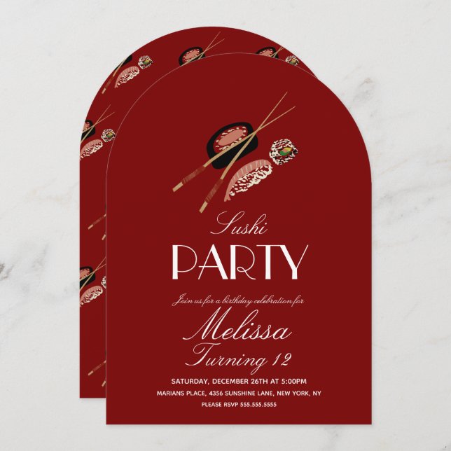 Invitación Sushi Rolls Chopsticks Japan Saki Birthday Party (Anverso / Reverso)