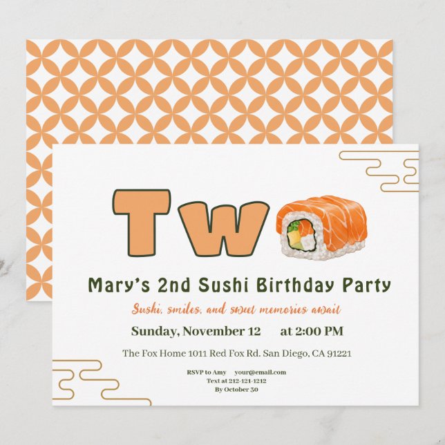 Invitación  Sushi-Themed 2nd Birthday Invitation (Anverso / Reverso)