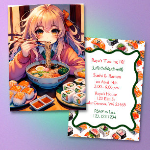 Invitación Sushi y Ramen Chica Anime Fiesta de Cumpleaños