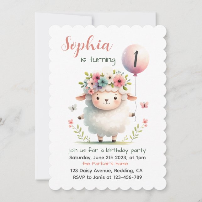 Invitación Süßes Schäfchen mit Luftballon- personalisierbar (Anverso)