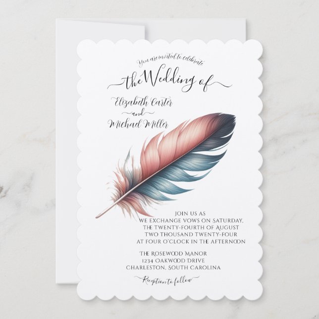 Invitación Susurros de Grace Feathered Elegance Minimalismo (Anverso)
