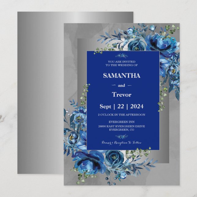 Invitación Susurros de plata, flores de Boda azul (Anverso / Reverso)