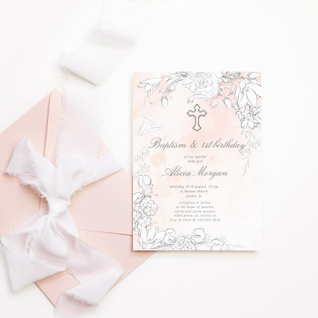 Invitación Sutil Bautismo Floral De Rubor Y Primer Cumpleaños (Subido por el creador)