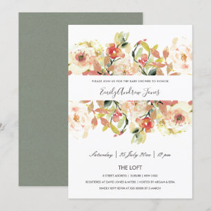 INVITACIÓN SUTIL ROSA DURAZNO FLORAL DE ACUARELA PARA BABY SH