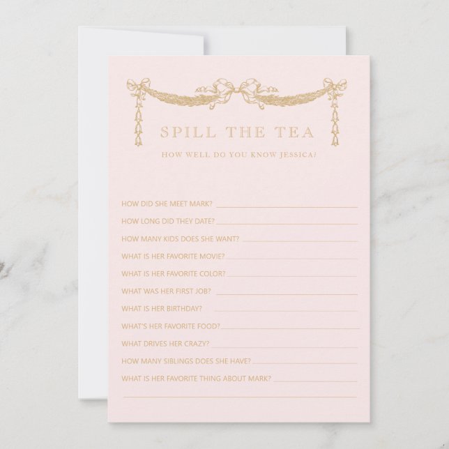 Invitación Swag w| Bows | Spill the Tea  Bridal Shower Game (Anverso)