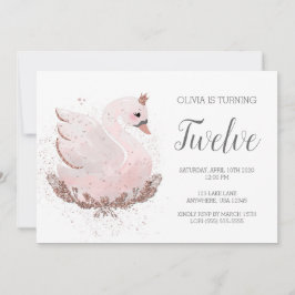Invitación Swan 1er cumpleaños | Purpurina de oro blanco y Ro