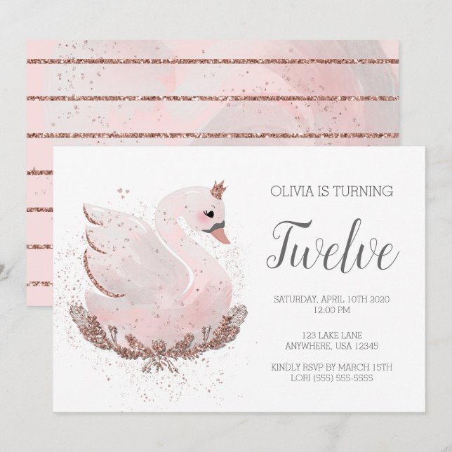 Invitación Swan 1er cumpleaños | Purpurina de oro blanco y Ro (Anverso / Reverso)