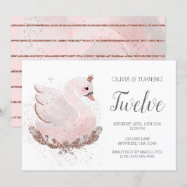 Invitación Swan 1er cumpleaños | Purpurina de oro blanco y Ro