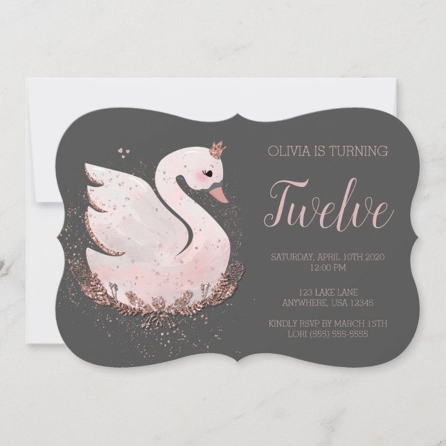 Invitación Swan 1er cumpleaños | Purpurina de oro gris y Rosa (Anverso)