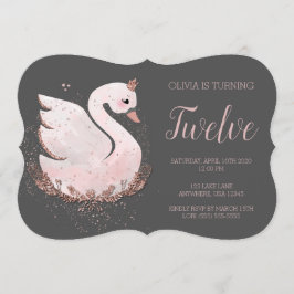 Invitación Swan 1er cumpleaños | Purpurina de oro gris y Rosa