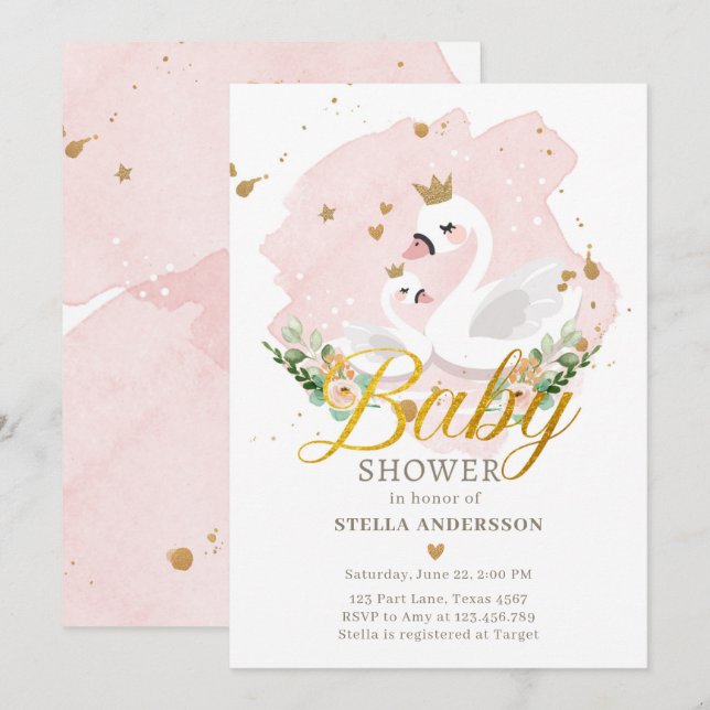 Invitación Swan Baby Shower invita Chica Princesa Rosa Oro (Anverso / Reverso)