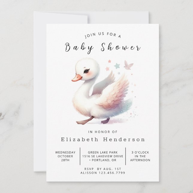 Invitación Swan Baby Shower Personalizado moderno (Anverso)