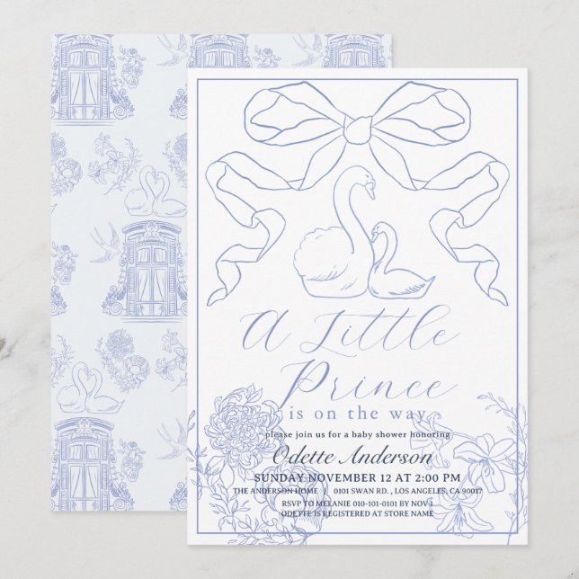 Invitación Swan Blue Toile de Jouy Boy Baby Shower (Anverso / Reverso)