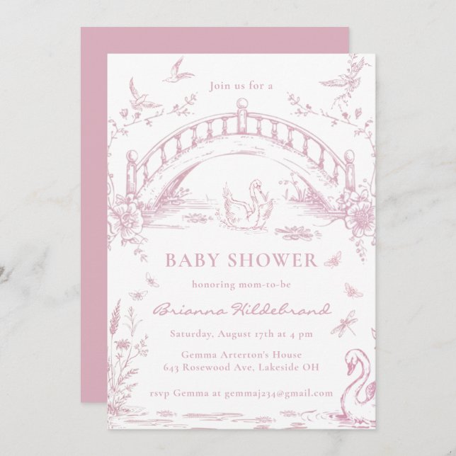 Invitación Swan Lake Pink Toile Chinoiserie Girl Baby Shower  (Anverso / Reverso)