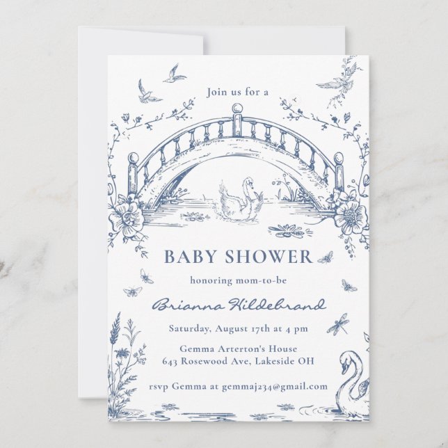 Invitación Swan Lake Toile Chinoiserie Baby Shower Invitation (Anverso)