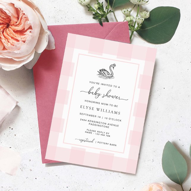 Invitación Swan Pink Gingham Baby Shower (Swan Baby Shower Invitation Pink Gingham)