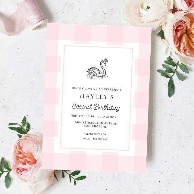 Invitación Swan Pink Gingham Birthday (Subido por el creador)
