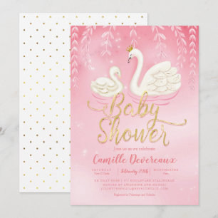 Invitación Swan Pond Gold Pink Baby Shower