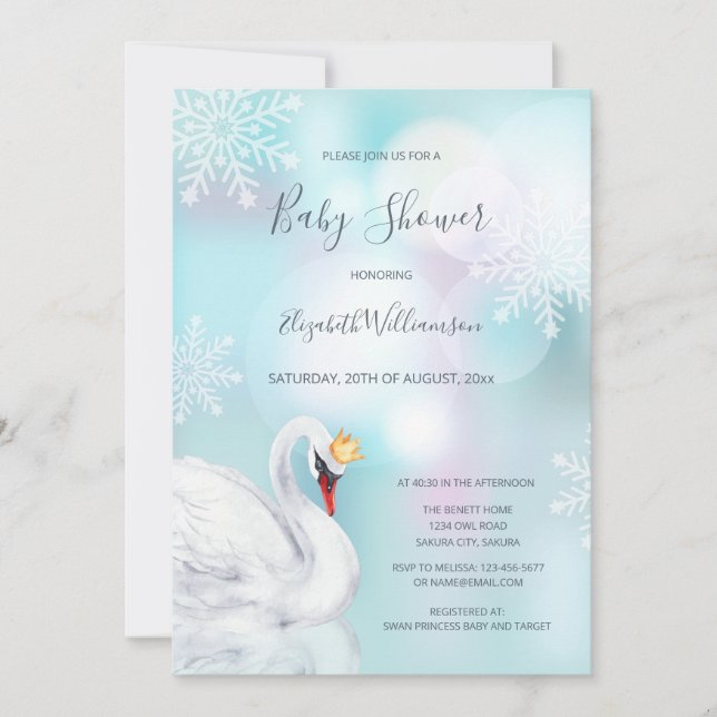 Invitación Swan Princess | Baby Shower Chica de invierno (Anverso)