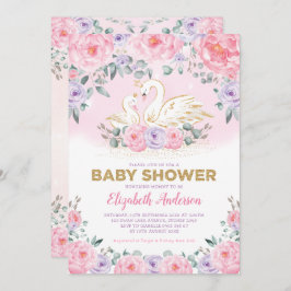 Invitación Swan Princess Lavender Pink Peonies Baby Shower