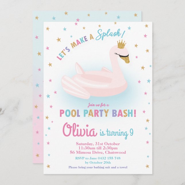 Invitación Swan Princess Pool Fiesta Chica de cumpleaños Floa (Anverso / Reverso)
