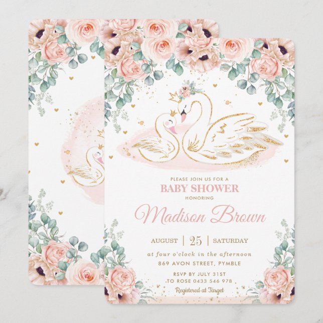 Invitación Swan Princess Rubor Pink Floral Baby Shower (Anverso / Reverso)