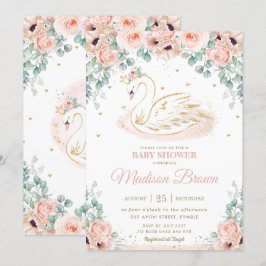 Invitación Swan Princess Rubor Pink Floral Gold Baby Shower
