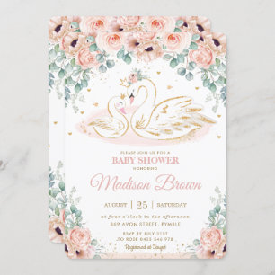 Invitación Swan Princess Rubor Pink Poppy Floral Baby Shower 