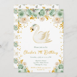 Invitación Swan Sage Green y Rosas de oro Fiesta de cumpleaño
