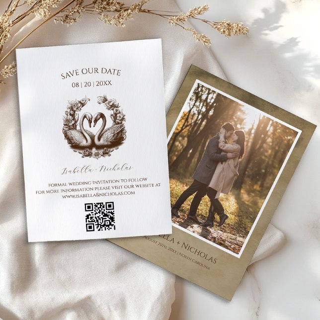 Invitación Swan Save the Date Photo Card Elegant Brown (Save our date - brown)