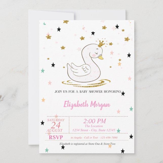 Invitación Swan, Tiara, Stars, Princesa Baby Shower (Anverso)