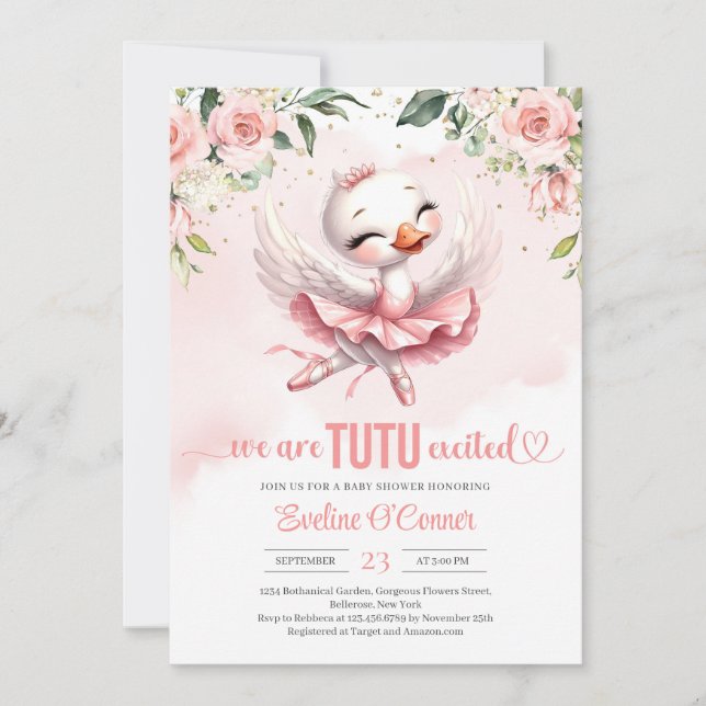 Invitación Swan tutu ballerina vestido Rosa dorado floral (Anverso)