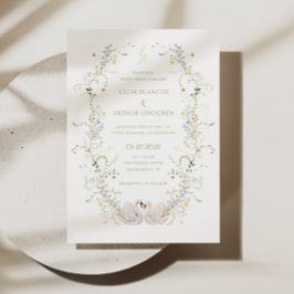 Invitación Swans Floral Frame Monogram Wedding 