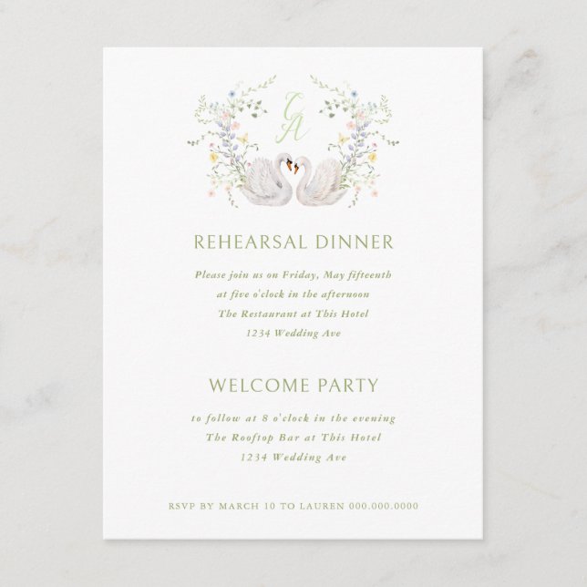 Invitación Swans Floral Monogram Crest Rehearsal Dinner (Anverso)