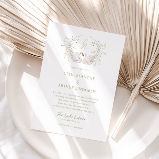 Invitación Swans Floral Monogram Crest Wedding  (Subido por el creador)