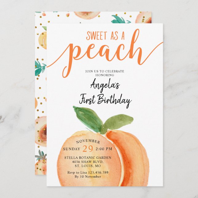 Invitación Sweeat como primer cumpleaños de un Chica Peach (Anverso / Reverso)