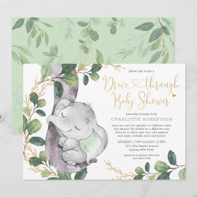 Invitación Sweenery Greenery Gold Elephant Drive De Baby Show (Anverso / Reverso)