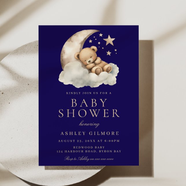 Invitación Sweeping Bear Midnight Blue Baby Shower (Subido por el creador)