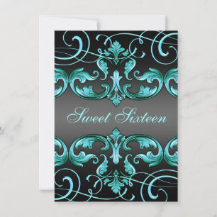 Invitación Sweet16 Black/Blue Damask & Tiara Birthday Invite
