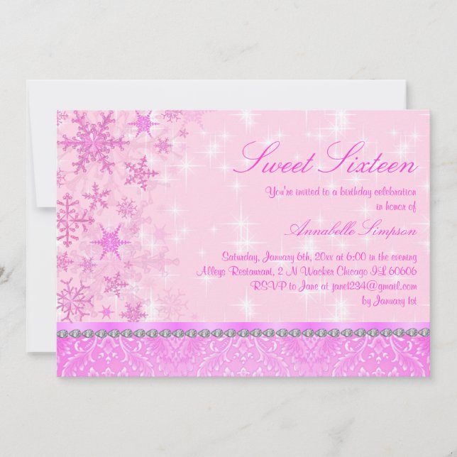 Invitación Sweet16 Destello Rosa Copo de Nieve (Anverso)