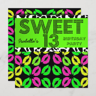 Invitación Sweet 13 13th Birthday Lips Cow Lime Pink Black