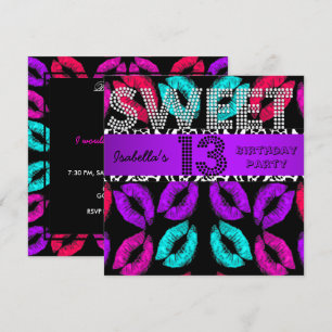 Invitación Sweet 13 13th Birthday Lips Cow Purple Black